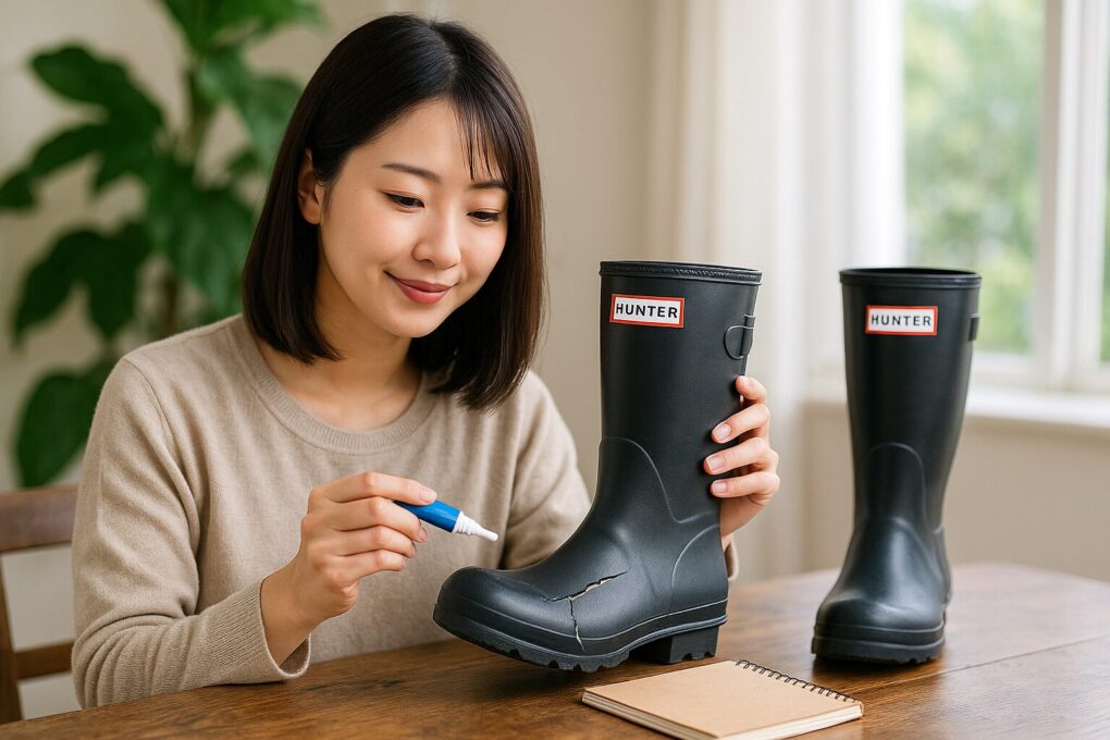 室内のテーブルで日本人女性がハンターレインブーツのひび割れ部分に補修材を塗りながら修理している様子を明るい自然光の中で写した写真