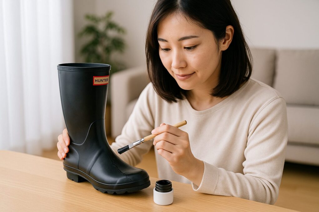 日本人女性が黒いレインブーツのひび割れ部分に補修剤を筆で丁寧に塗り込んでいる様子を明るい室内で撮影した写真
