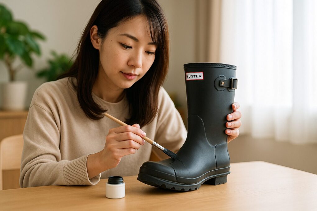 日本人女性がテーブルの上で黒いハンターレインブーツのひび割れ部分に補修剤を筆で丁寧に塗り込んでいる様子を明るい室内で撮影した写真
