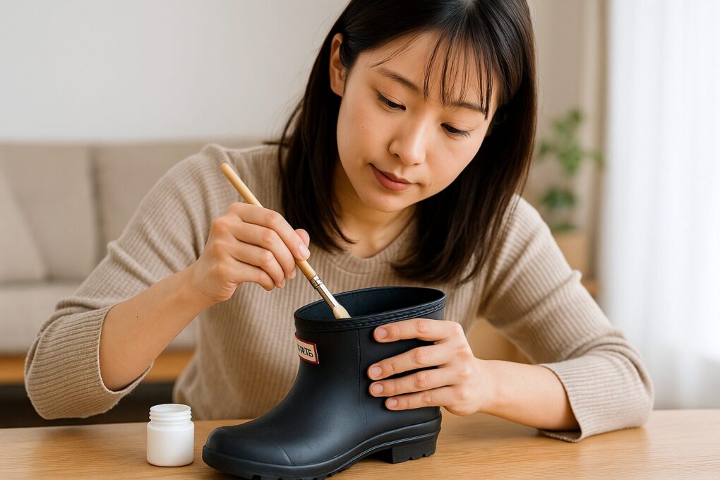 日本人女性がハンターレインブーツの履き口部分にブラシで補修剤を丁寧に塗り込んで補修作業をしている様子を明るい室内で撮影した写真