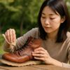 明るい室内でレッドウィングブーツを丁寧に手入れしている日本人女性が、オイル塗りすぎを落とすために布で表面を拭き取っている様子を写した写真。
