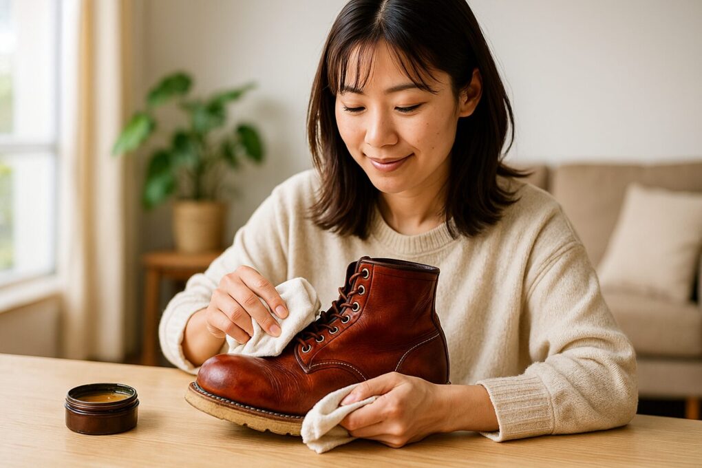 レッドウィングブーツを机の上に置き、日本人女性が柔らかい布でオイルの塗りすぎを優しく拭き取っている様子を明るい室内で写した写真。
