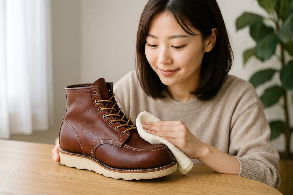 室内のテーブルで日本人女性がレッドウィングブーツを布で優しく拭きながら、カビ発生を防ぐためのケアを丁寧に行っている様子が明るい光の中で描かれている