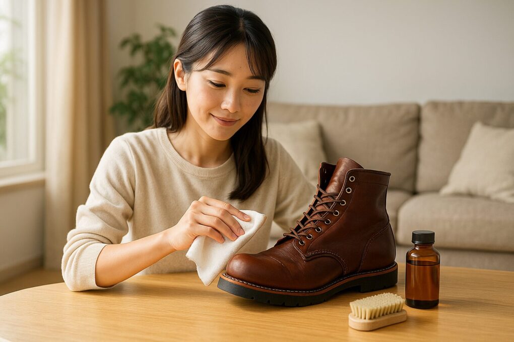 明るい室内で日本人女性がレッドウィングブーツを丁寧に拭きながら、オイル塗りすぎの再発を防ぐためのケアを行っている様子を写した写真。
