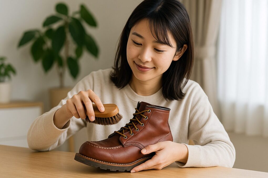 明るい室内で日本人女性が馬毛ブラシを使ってレッドウィングブーツの表面を丁寧にブラッシングし、日常ケアをしている様子を写した写真。