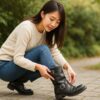 エンジニアブーツのかかと浮きを改善するため、日本人女性が屋外でブーツのフィット感を丁寧に確認している様子。