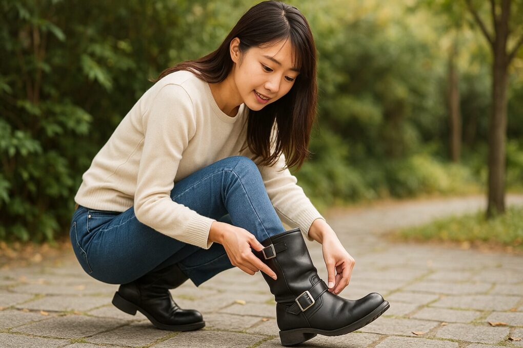 エンジニアブーツのかかと浮きを改善するため、日本人女性が屋外でブーツのフィット感を丁寧に確認している様子。