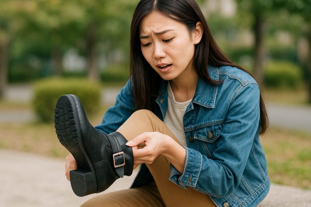 エンジニアブーツのかかと浮きの原因を確かめるため、日本人女性が屋外でブーツの履き口とフィット感を真剣な表情でチェックしている様子。