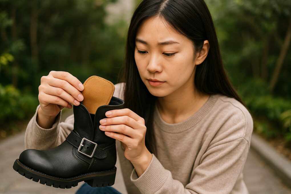 エンジニアブーツの甲部分にタンパッドを入れ、フィット感を高めるために日本人女性が丁寧に調整している様子。