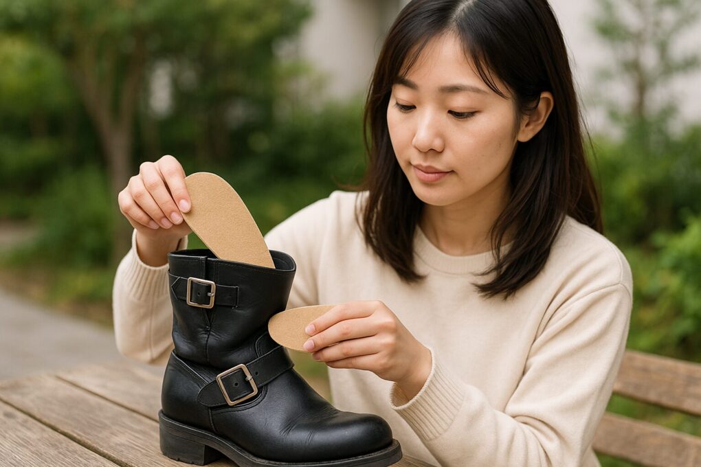エンジニアブーツのかかと浮きを改善するため、日本人女性が屋外のテーブルでブーツにインソールを入れてフィット感を調整している様子。