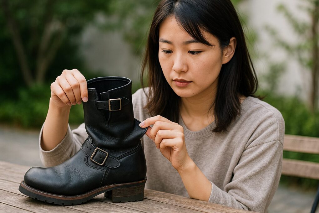 日本人女性が屋外のテーブルでエンジニアブーツを手に持ち、紐なし構造による足首周りのゆとりを確認している様子。