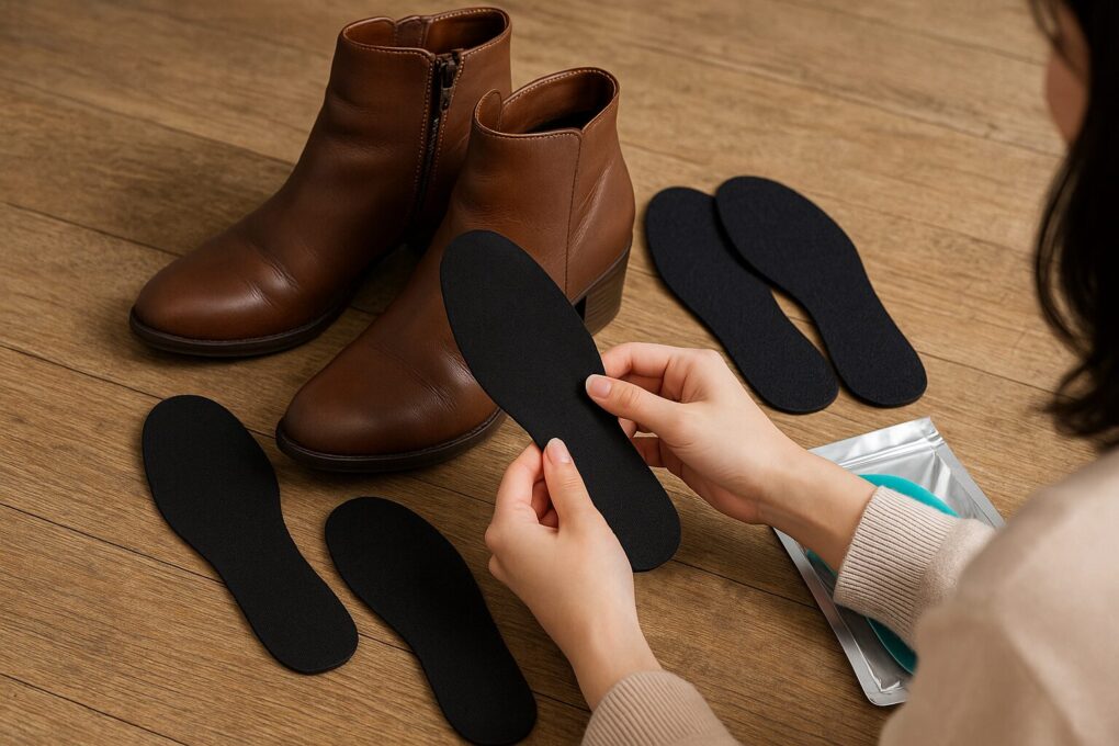 ブーツと複数のインソールを木の床に並べ、日本人女性がブラックのインソールを手に取って確認している様子を写した横長写真。