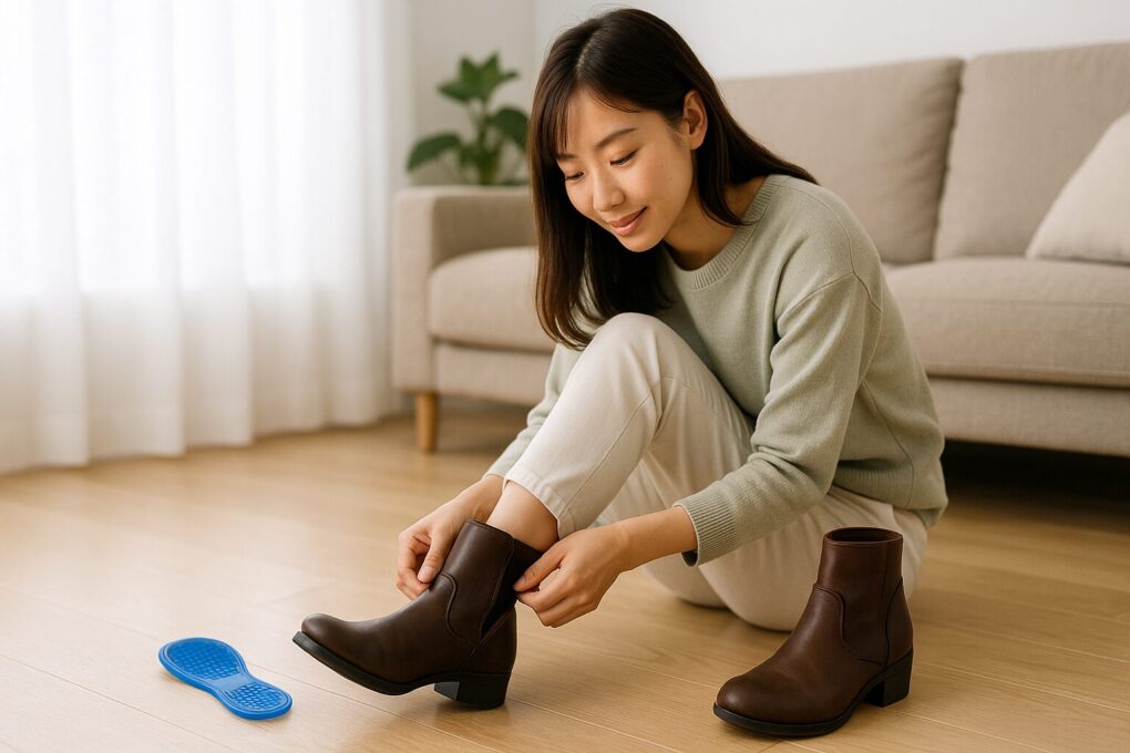 明るいリビングで日本人女性がブーツを履きつつ、床に置かれた青いジェルインソールを見ている自然な日常シーンの写真。