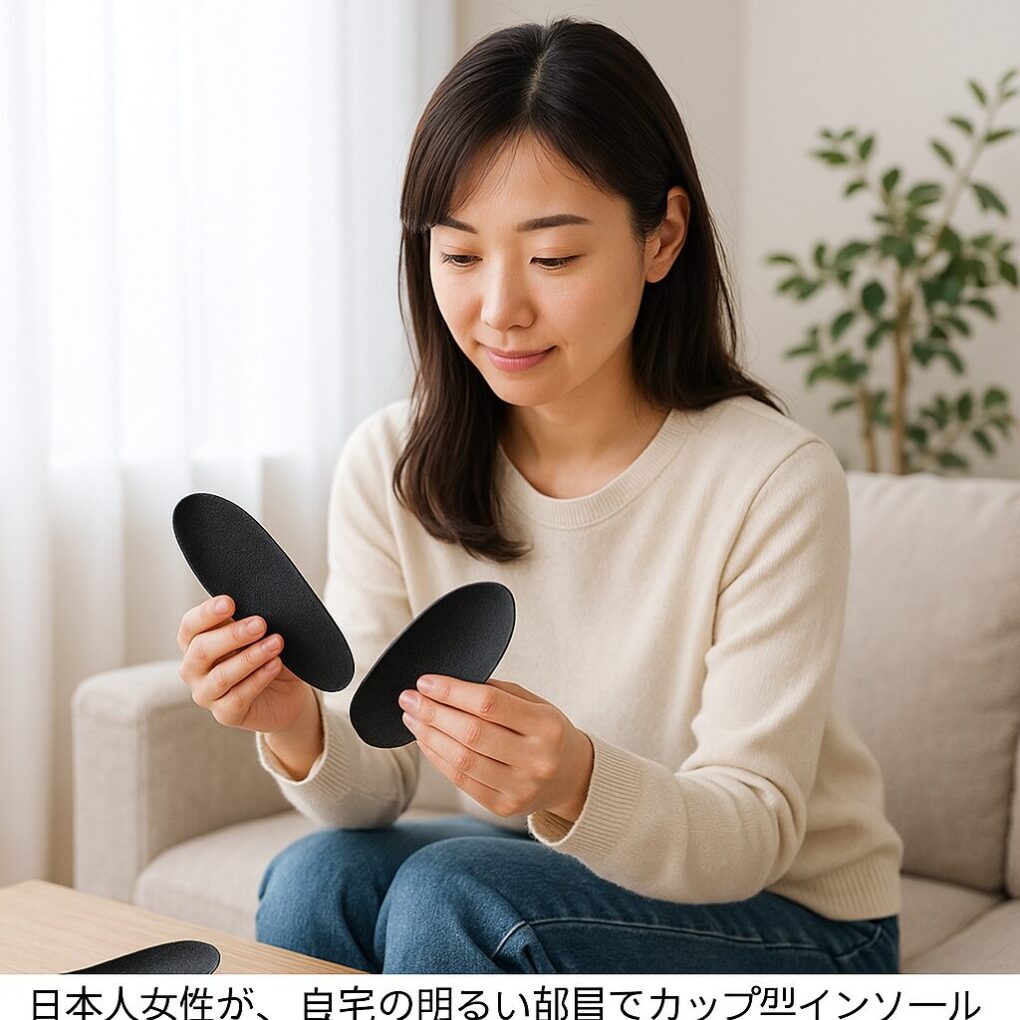 日本人女性が明るい室内で黒いカップ型インソールを手に取り、形状やフィット感を確認している様子を写した横長写真。