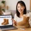 明るい室内で、日本人女性がムートンブーツを手に持ち、海外通販サイトを閲覧している様子を横長16:9で写した写真。