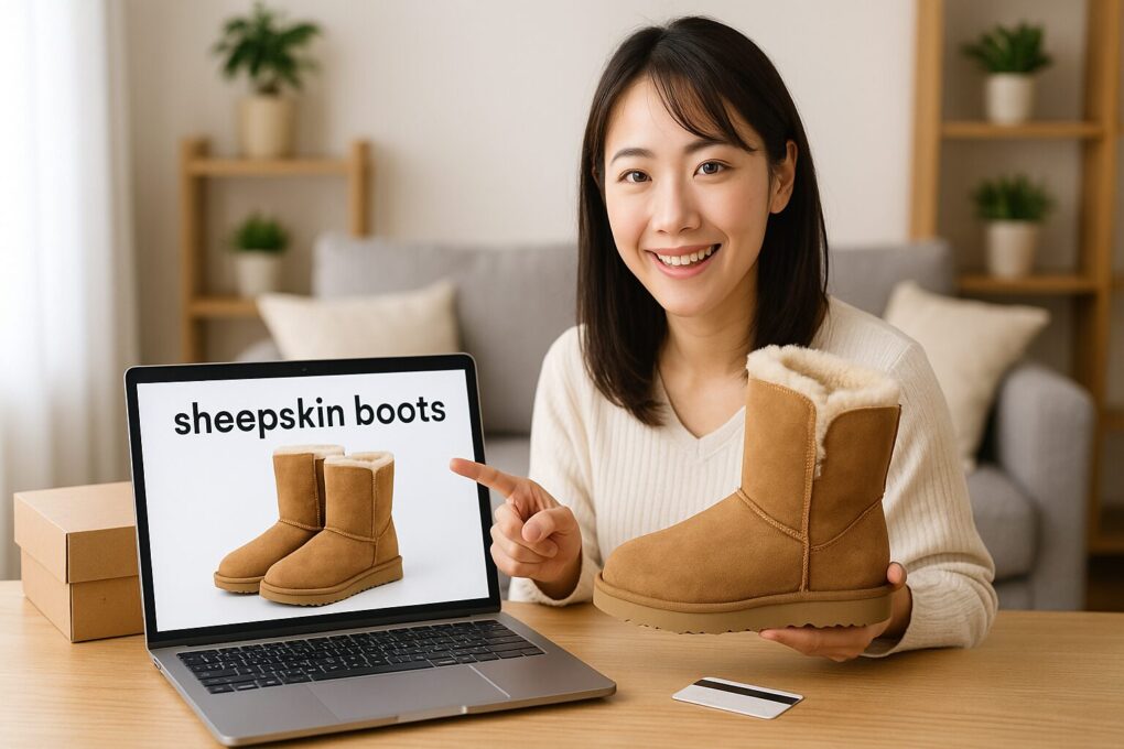 明るい室内で、日本人女性がムートンブーツを手に持ち、海外通販サイトを閲覧している様子を横長16:9で写した写真。