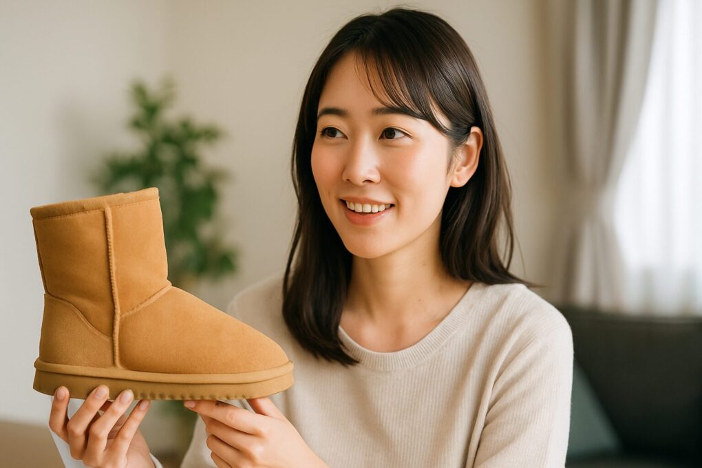 日本人女性が明るい室内でムートンブーツを手に持ち、柔らかく微笑んでいる様子を16:9で撮影した写真。