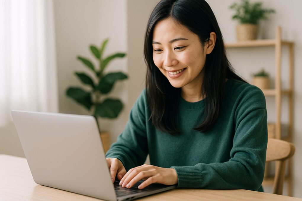 明るい室内で日本人女性がノートパソコンを使い、シープスキン関連の英語検索を調べている様子を撮影した横長16:9の写真。