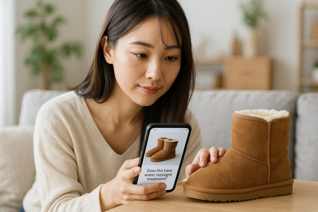 日本人女性がソファに座り、手元のスマートフォンでムートンブーツの耐水性や素材情報を確認している様子を16:9で写した写真。