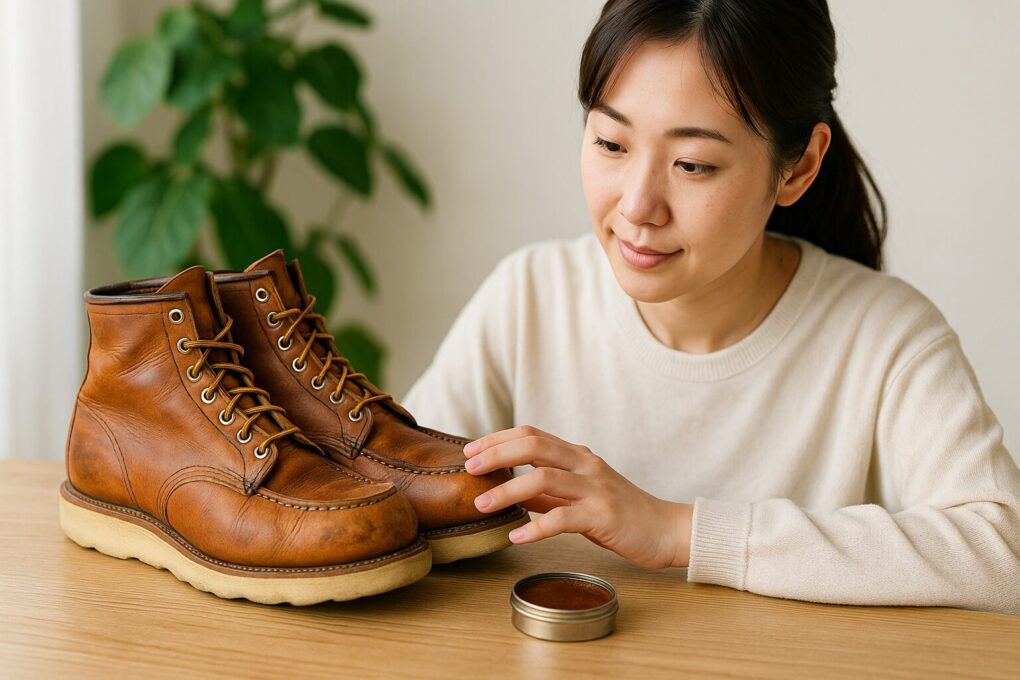 日本人女性がテーブルの上でレッドウィングのブーツを丁寧に手入れしながら経年変化した革の状態を確認している様子