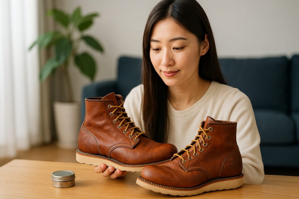 日本人女性が明るい室内でオロレガシーのブーツを手に取り、経年変化した革の質感を丁寧に確認している様子