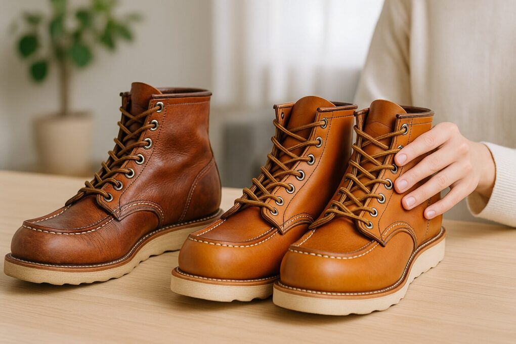 オロレガシーとオロラセットの2足のレッドウィングブーツを日本人女性が机の上で並べ、色味や質感の違いを比較している様子
