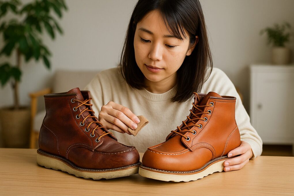 日本人女性がレッドウィングのオロレガシーブーツを手に取り、経年変化した革の色味や質感を自然光の下で観察している様子