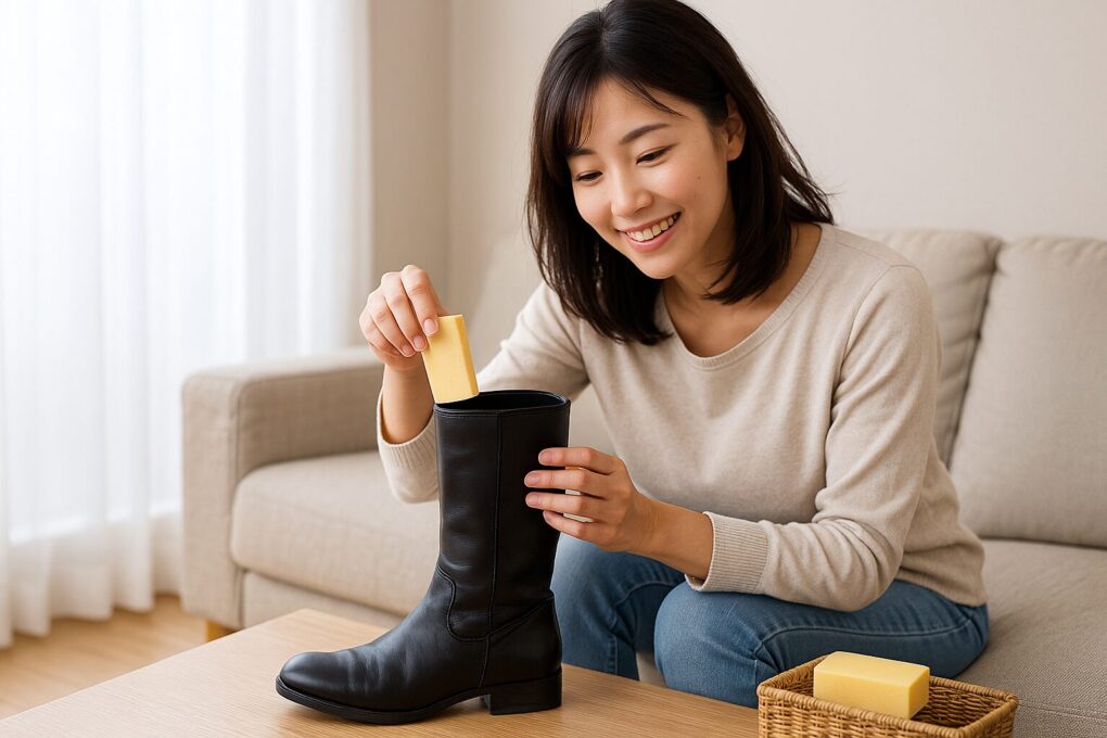 日本人女性が明るく清潔感のある部屋で、ブーツの履き口に100均のパッドを使って簡単に痛みを和らげるケアをしている様子。自然な表情でリラックスしている。
