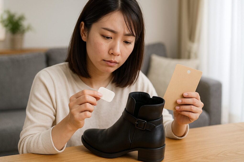 黒いショートブーツの履き口に貼るパッドを選びながら、テーブルの前で真剣に検討している日本人女性の様子が、明るいリビングで自然光に照らされて写っている。
