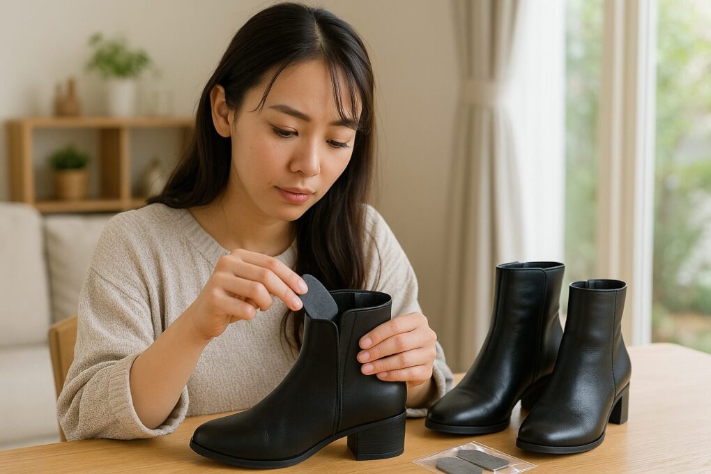 室内の明るいテーブルで、日本人女性が黒いショートブーツの履き口にクッションパッドを丁寧に貼り付けようとしている様子が写っている。