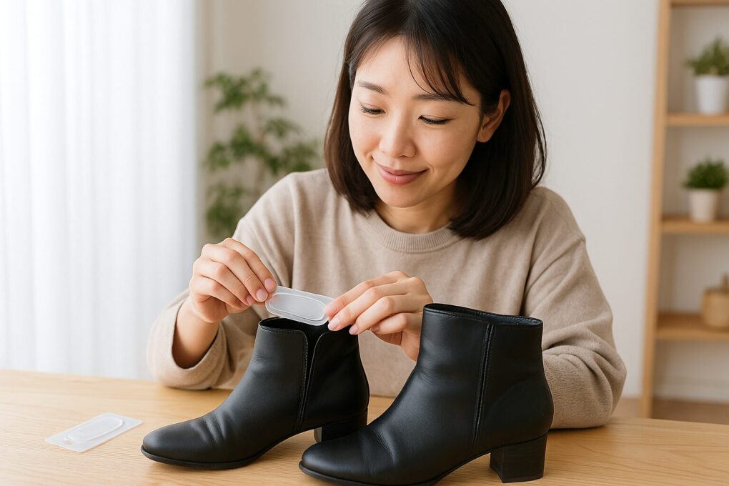明るい室内で日本人女性が黒いショートブーツの履き口部分に透明のジェルパッドを丁寧に貼り付けようとしている様子が写っている。