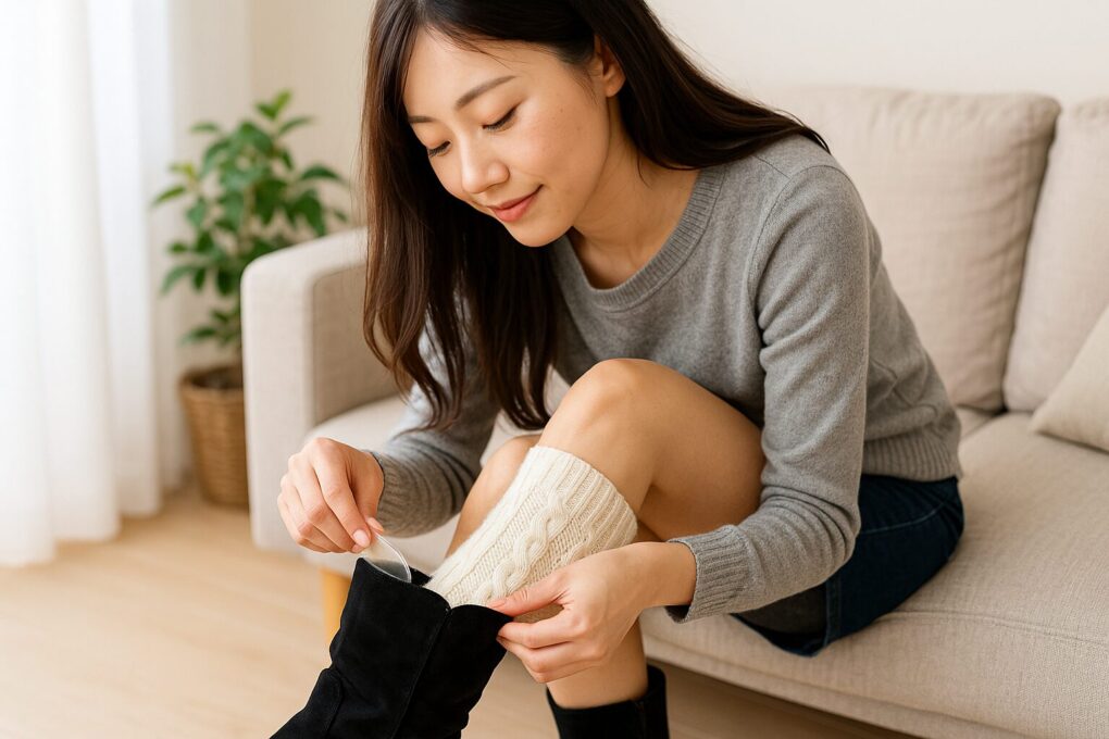ソファに座った日本人女性が、黒いブーツを履いた足に厚手のケーブル編みソックスを合わせ、履き口の当たりをやわらげるために丁寧に調整している様子が写っている。