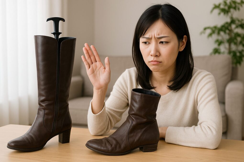 日本人女性がテーブルの上で、シューキーパーを入れたロングブーツと、シワが入って形が崩れたショートブーツを見比べて悩んでいる様子を写した写真。背景は明るい室内で観葉植物とソファがある。