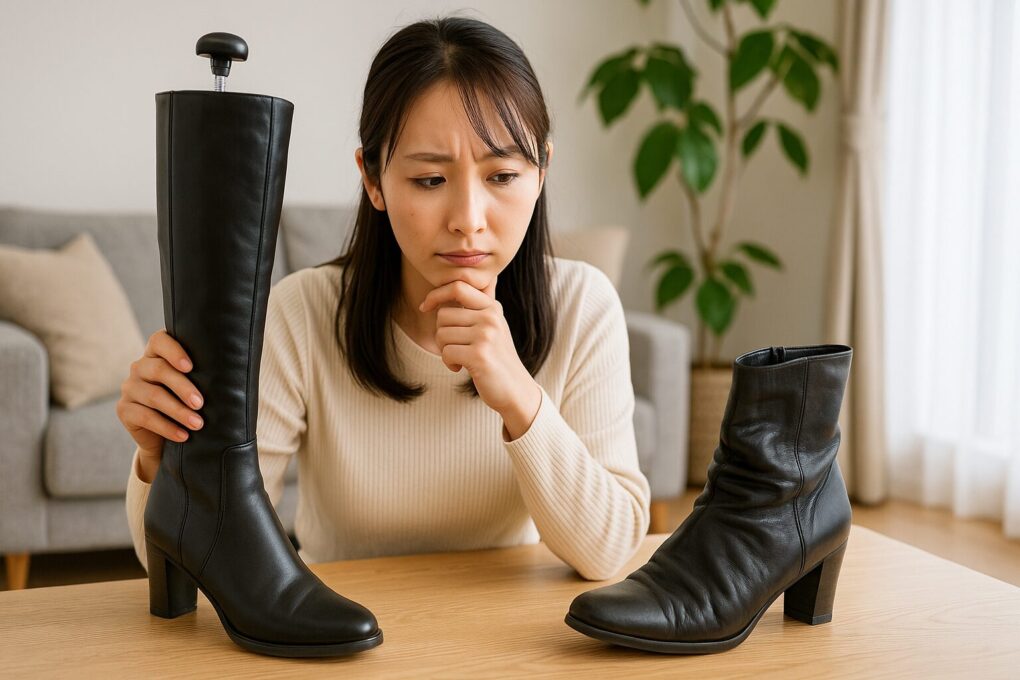 日本人女性が、シューキーパー入りでまっすぐ形を保ったロングブーツと、シワが深く入りエビ反りしたショートブーツを見比べながら悩んでいる様子を、明るい室内で撮影した写真。