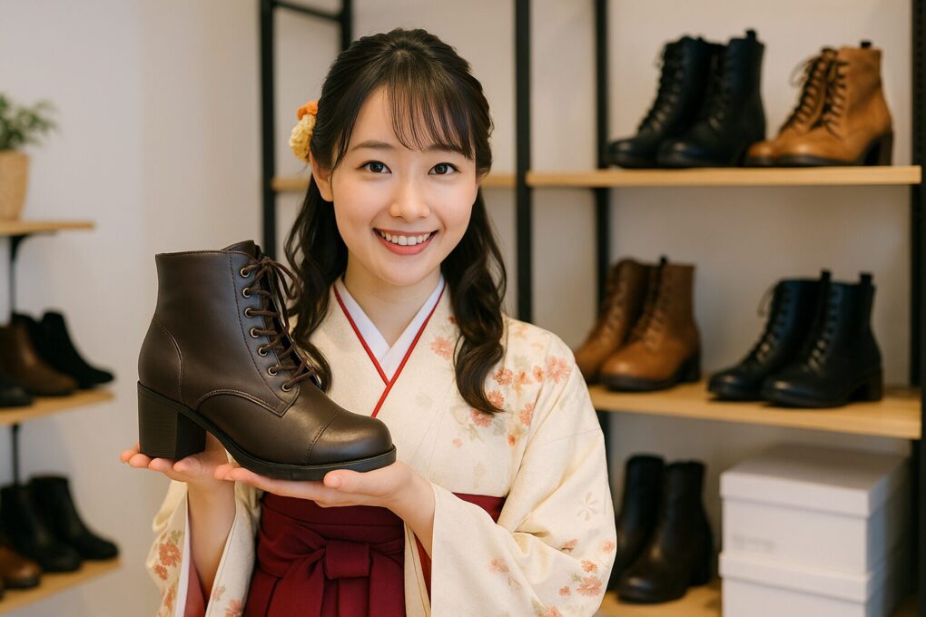 袴姿の日本人女性が靴店でレースアップの袴用ブーツを手に持って笑顔で立っている様子を写した写真。