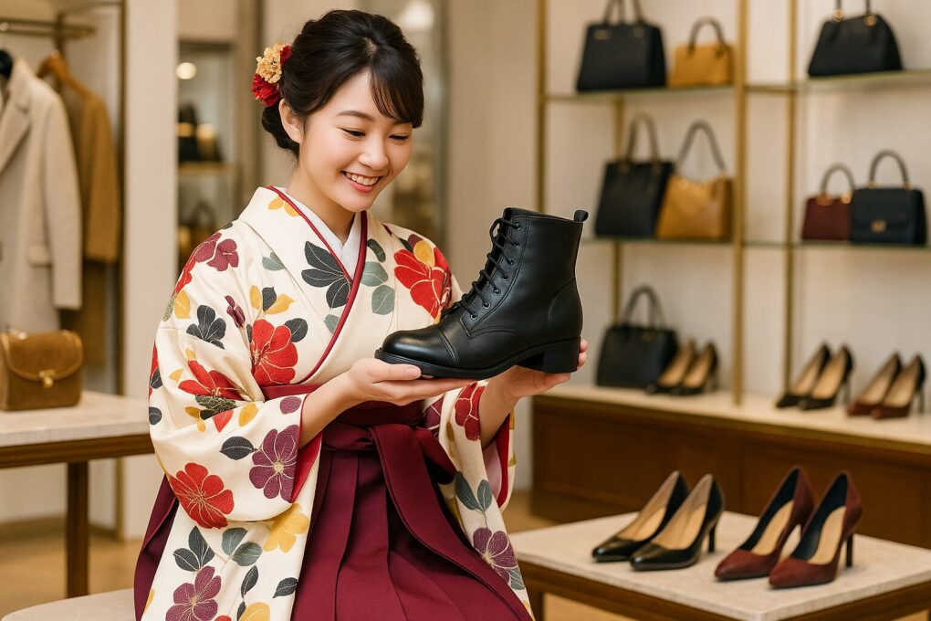 百貨店の落ち着いた靴売り場で、袴姿の日本人女性が黒いレースアップブーツを両手で丁寧に持ち、笑顔で眺めている様子を写した写真。