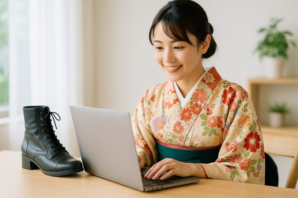 袴姿の日本人女性が明るい室内でノートパソコンを使いながら、横に置いた黒いレースアップブーツを見比べて検討している様子を写した写真。