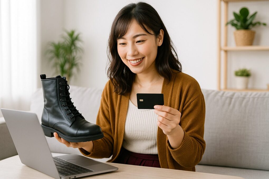 明るい室内で日本人女性がスマートフォンのZOZOTOWNアプリを見ながら、黒いレースアップブーツを手に取り普段使いとしてコーディネートを想像している様子を写した写真。