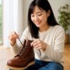 室内で日本人女性がレッドウィングのブーツの紐を丁寧に通している様子を写した明るく清潔感のある写真