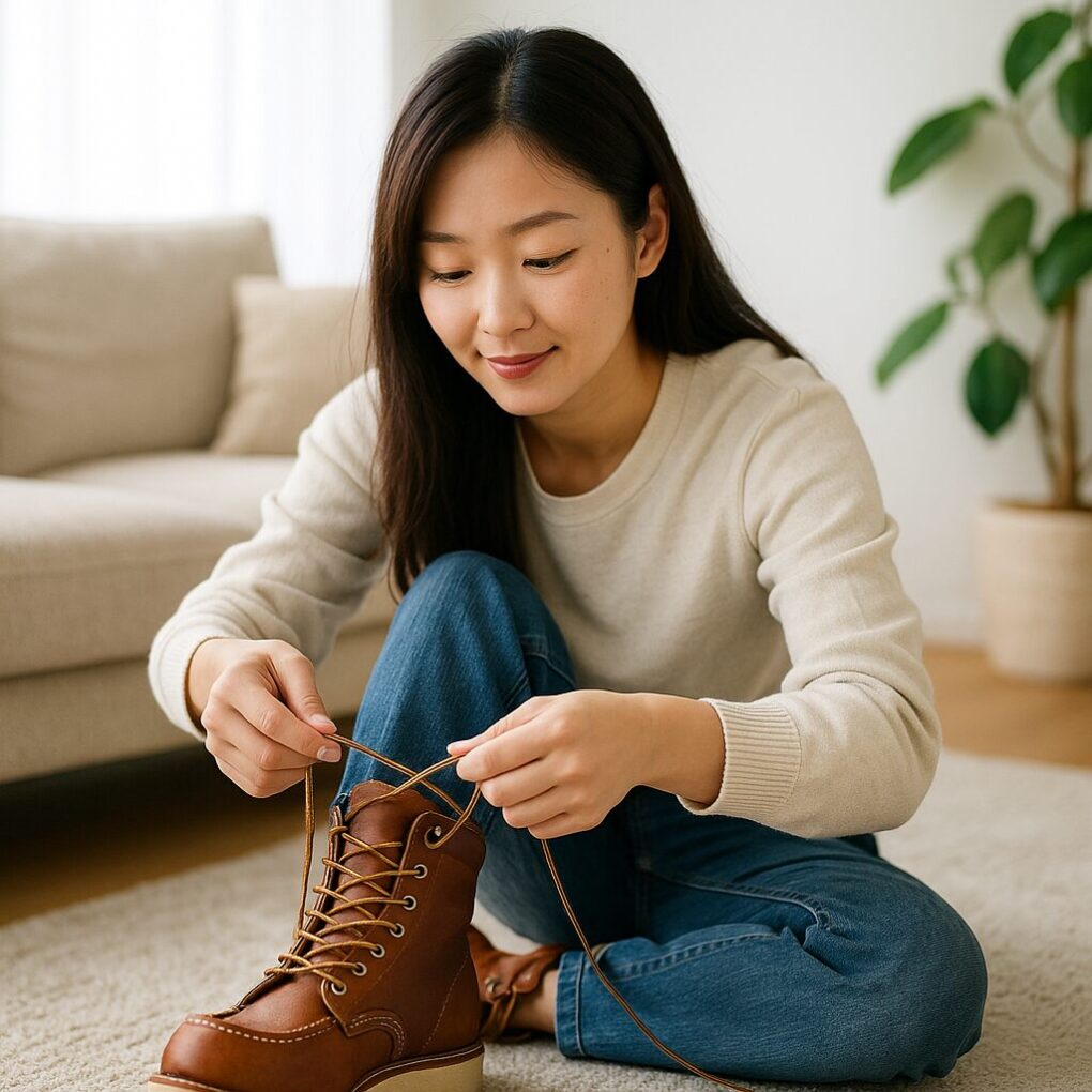 明るいリビングで日本人女性がレッドウィングのブーツ紐を落ち着いて通している様子を写した自然で清潔感のある写真