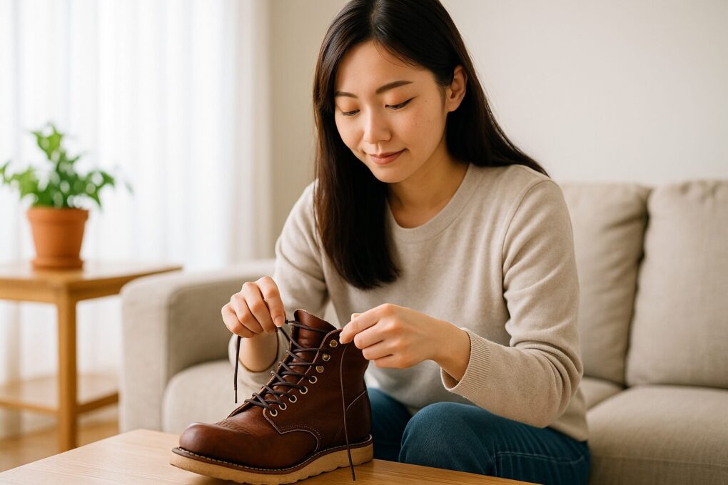 日本人女性が室内でレッドウィングのブーツにアイレットごと丁寧に紐を通している様子を明るく自然に写した写真