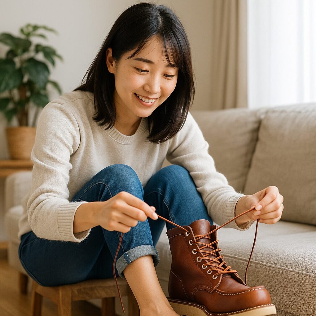 日本人女性がソファに座り、レッドウィングのブーツの紐を実践的に通しながら丁寧に調整している様子を明るい室内で写した写真