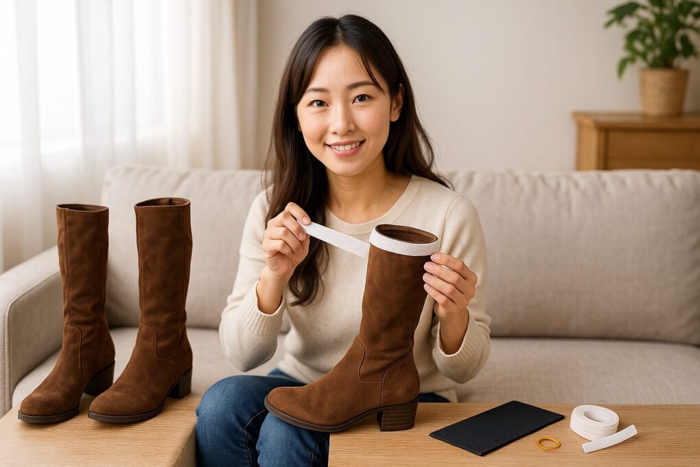 ソファに座った日本人女性が、茶色のロングブーツの履き口に100均の隙間テープを巻いてブーツのずり落ち防止対策をしている様子。