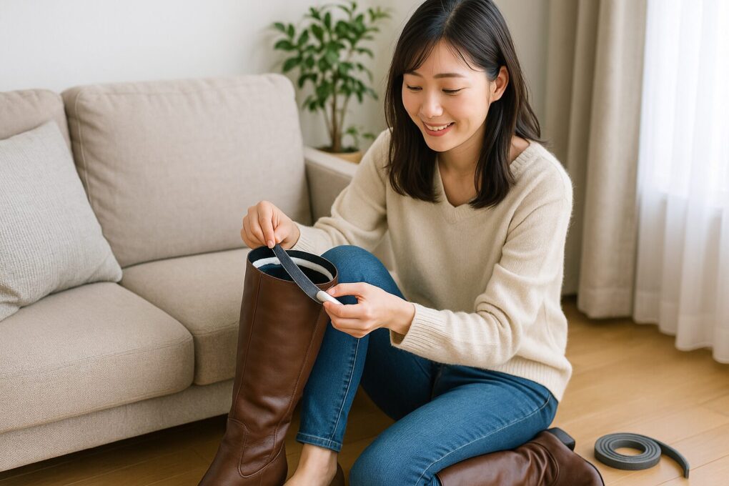 日本人女性がリビングのソファ横でロングブーツの履き口に100均の隙間テープを丁寧に貼り付けて、ずり落ち防止の準備をしている様子。