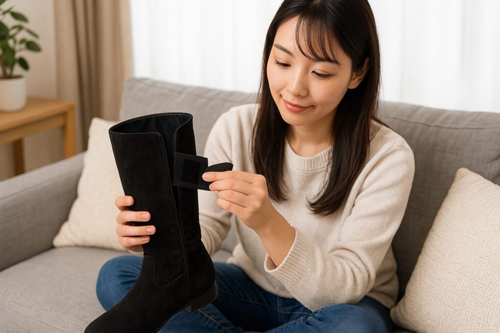 日本人女性が明るいリビングのソファで黒いスエード調ロングブーツにマジックテープを貼り付け、ずり落ち防止のための調整をしている様子。