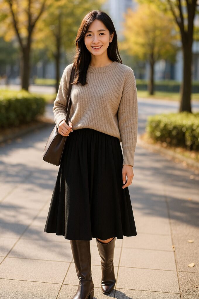 秋の公園で、黒のロングブーツに黒のスカートとベージュのニットを合わせた日本人女性が明るく微笑んで立っている様子