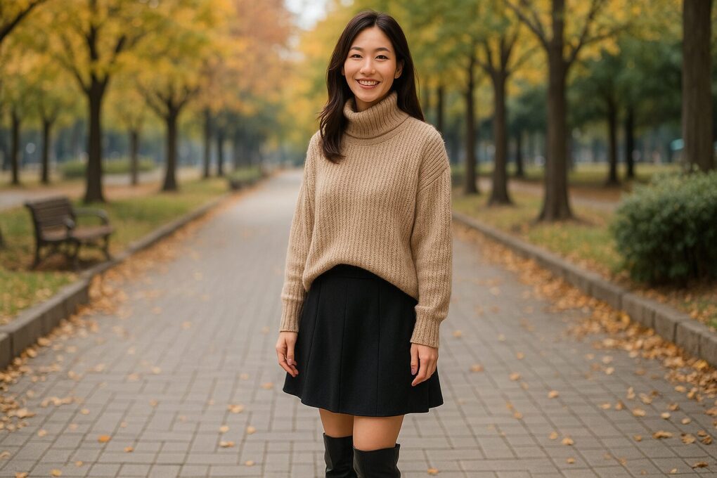 秋の公園で、黒のロングブーツと黒のスカートにベージュのタートルニットを合わせた日本人女性が、落ち葉の並ぶ小道で笑顔で立っている様子