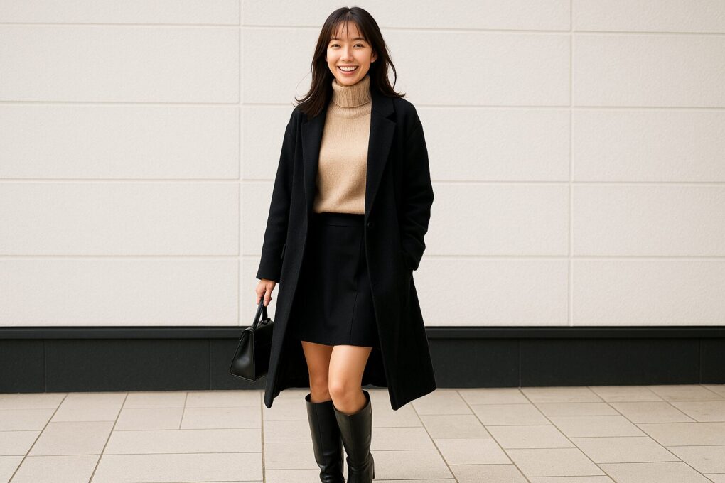 白い壁の前で、黒のロングコートと黒のスカート、黒のロングブーツにベージュのタートルニットを合わせ、黒いハンドバッグを持って微笑む日本人女性が歩いている様子