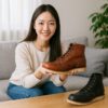 若い日本人女性が明るいリビングでレッドウィング風のワークブーツを手に取り、テーブル上の別色モデルと並べて紹介している様子