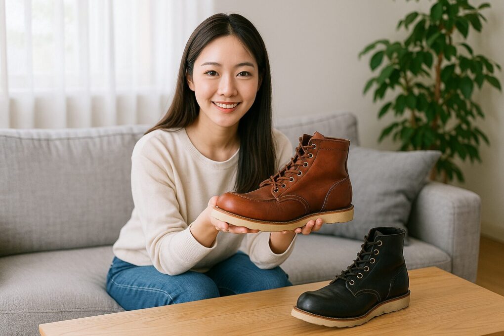 若い日本人女性が明るいリビングでレッドウィング風のワークブーツを手に取り、テーブル上の別色モデルと並べて紹介している様子